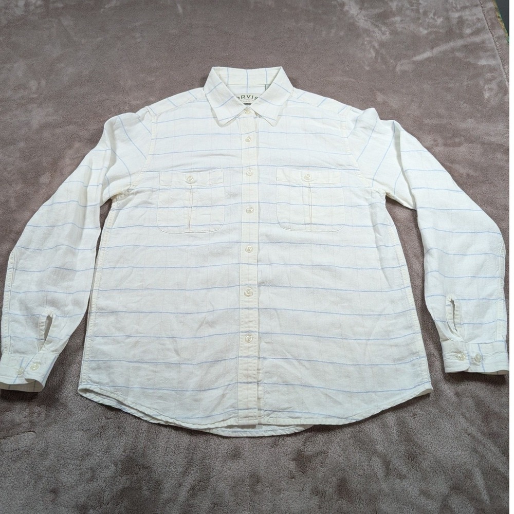 Orvis Button Down Shirt Womens Medium Cream Blue Plaid 100% Linen Long Sleeve